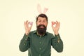 Easter bunny colored eggs. Culture customs and traditions. Holiday accessories. Celebration of spring holiday. Bearded