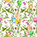 Easter bunny with colored eggs in grass, flowers, butterflies. Seamless floral easter pattern with egg hunt. Watercolor