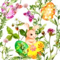 Easter bunny with colored eggs in grass, flowers. Seamless floral easter pattern with egg hunt. Watercolor Royalty Free Stock Photo