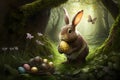 Easter bunny and colored eggs in a magical fairy forest, Generative AI