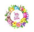 Easter bunny, colored eggs, spring flowers, grass. Floral wreath with tulips, narciccus, crocus. Watercolor round frame