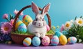 Easter Bunny with Colorful Eggs in Basket Royalty Free Stock Photo