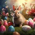 Easter bunny with colorful eggs and flowers. Decorated colorful Easter eggs and a little rabbit in green grass on a Royalty Free Stock Photo