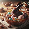 Easter bunny and colorful eggs in a wicker basket