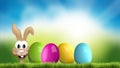 Easter bunny and colorful hidden easter eggs 3d render