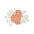 Easter bunny, cute baby rabbit with floral branch. Beige spring cottagecore farm animal in vector.