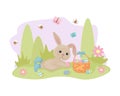 Easter bunny. A cute rabbit is lying with a basket of Easter eggs. April. Cartoon rabbit. Vector illustration Royalty Free Stock Photo