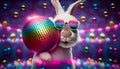 Easter bunny on the dance floor in disco style. Easter eggs are stylized as a disco ball. Generative AI. artificial Royalty Free Stock Photo