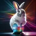 Easter bunny on the dance floor in disco style. Easter eggs are stylized as a disco ball. Generative AI. artificial Royalty Free Stock Photo