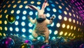 Easter bunny on the dance floor in disco style. Easter eggs are stylized as a disco ball. Generative AI. artificial Royalty Free Stock Photo