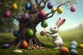 The Easter bunny decorates the tree with colorful Easter eggs. Traditional celebration of Easter.