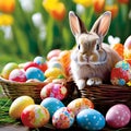 Easter Bunny Delight: Adorable Rabbit Amidst Colorful Eggs Royalty Free Stock Photo