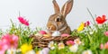 Easter Bunny Delight: Rabbit in Basket with Colorful Eggs. Royalty Free Stock Photo