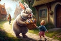 Easter bunny delivering colorful eggs to children, with a basket on their back and a friendly smile Easter illustration generative