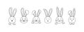 Easter bunny doodle line vector icon, cute drawn rabbit set, hare head outline design, black silhouettes. Animal illustration Royalty Free Stock Photo