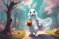 An Easter Bunny Dressed as a Ghost for Halloween, Carrying a Christmas Tree: Festive Blend of Holiday Surprises