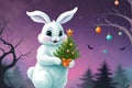 An Easter Bunny Dressed as a Ghost for Halloween, Carrying a Christmas Tree: Festive Blend of Holiday Surprises