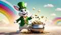 An Easter Bunny dressed as a lucky Irish Leprechaun counting his stash of gold coins