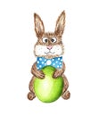 Easter Bunny dressed in a bow-tie, with a green colored Easter Egg.