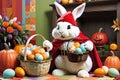 Easter Bunny Dressed in a Patchwork of Different Festive Costumes: Half Embodying the Playful Innocence of Various Celebrations