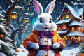 Easter Bunny Dressed in a Whimsical Halloween Costume: Surrounded by an Enchanted Christmas Setting