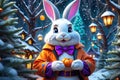 Easter Bunny Dressed in a Whimsical Halloween Costume: Surrounded by an Enchanted Christmas Setting