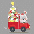 Easter bunny drive car with truck, decorated eggs hunter cute white rabbit auto driver hunting, happy holiday vector