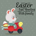 Easter bunny drive motorcycle, decorated eggs hunter hare carries a baskett, cute white rabbit auto driver hunting