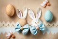 Easter Bunny ears from napkins and eggs. Quail and chicken eggs. Gray textile background. Happy easter