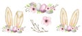 Easter Bunny ears set with floral crown and eggs isolated pink gray Watercolor illustration on white background. Hand Royalty Free Stock Photo