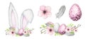 Easter Bunny ears set with floral crown and eggs isolated pink gray Watercolor illustration on white background. Hand Royalty Free Stock Photo