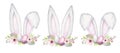 Easter Bunny ears set with floral crown and eggs isolated pink gray Watercolor illustration on white background. Hand Royalty Free Stock Photo