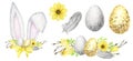 Easter Bunny ears set with floral crown and eggs isolated yellow gray Watercolor illustration on white background. Hand Royalty Free Stock Photo