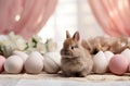 an easter bunny and easter eggs are on an offwhite woven background