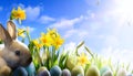 Art Easter bunny, Easter eggs and spring flower Royalty Free Stock Photo