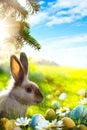 Art Easter bunny, Easter eggs and spring flower Royalty Free Stock Photo