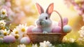 easter bunny and easter eggs in vicker basket on grass and flowers background Royalty Free Stock Photo