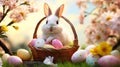 easter bunny and easter eggs in vicker basket on grass and flowers background Royalty Free Stock Photo