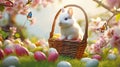 easter bunny and easter eggs in vicker basket on grass and flowers background Royalty Free Stock Photo