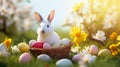 easter bunny and easter eggs in vicker basket on grass and flowers background Royalty Free Stock Photo