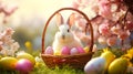 easter bunny and easter eggs in vicker basket on grass and flowers background Royalty Free Stock Photo