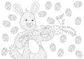 Easter Bunny Eating Carrot and Happy with Eggs in Coloring Book Pattern