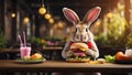 Easter bunny eating cheeseburger, cafe background