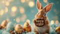 Easter Bunny Eating Chocolate With Message on A Light Background. The Text Is : \