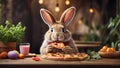 Easter bunny eating tasty pizza , cafe background