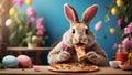 Easter bunny eating tasty pizza , cafe background