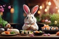 Easter bunny eating tasty sushi , restaurant background