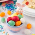 Easter Bunny Egg Holder Filled with Colorful Spotted Egg-Shaped