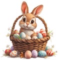 Easter, Easter bunny, Easter eggs, Easter basket, in cartoon style, white background Royalty Free Stock Photo