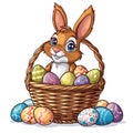 Easter, Easter bunny, Easter eggs, Easter basket, in cartoon style, white background Royalty Free Stock Photo